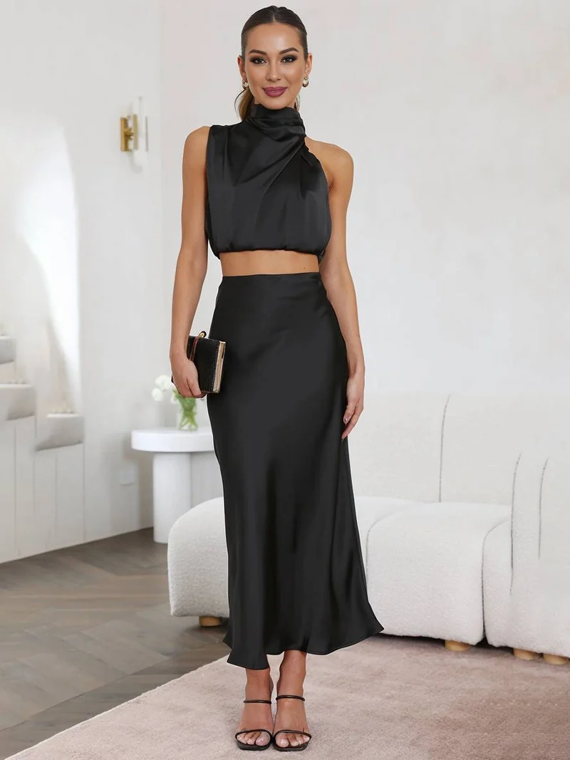 Tindra | Damen Neckholder Zweiteiler Crop Top Maxirock