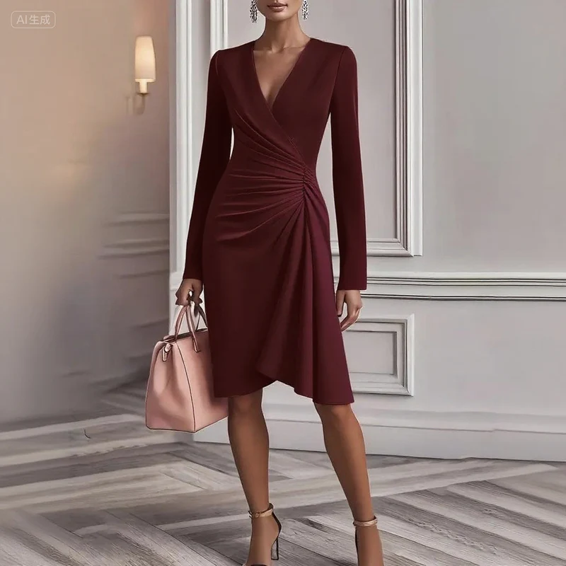 Vevina | Damen Wickelkleid V-Ausschnitt Langarm Knielang