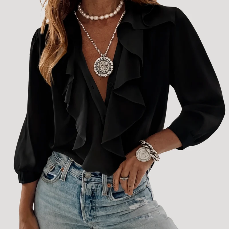 Evangelia | Damen V-Neck Rüschen Bluse mit Langarm
