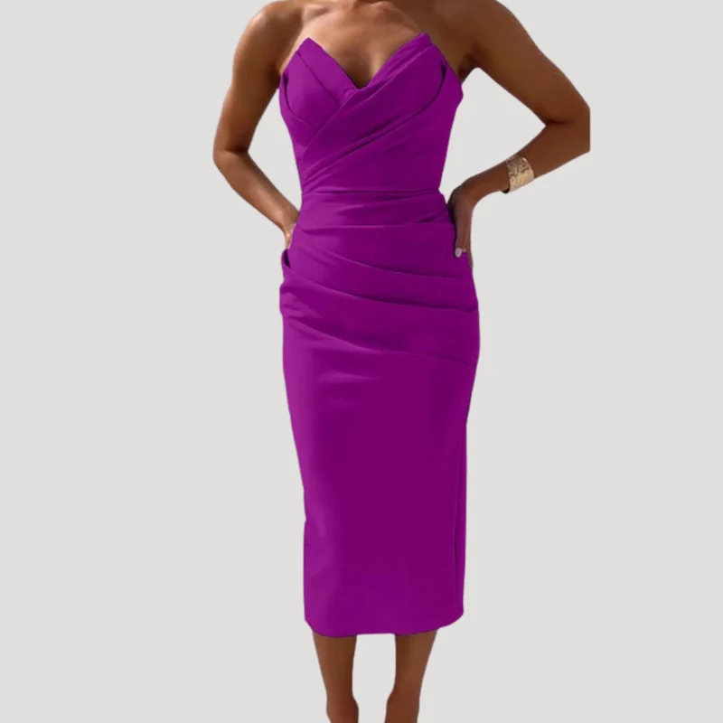 Marlies | Damen Schulterfreies Geraftes Midikleid