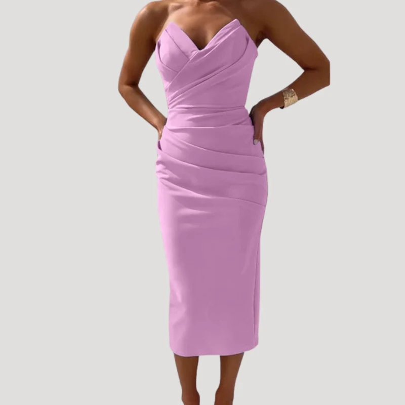 Marlies | Damen Schulterfreies Geraftes Midikleid