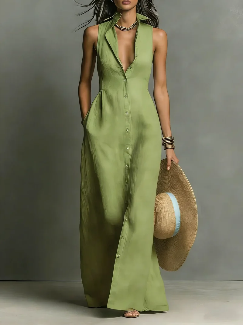 Johanna | Damen Ärmelloses Hemdblusenkleid Maxikleid