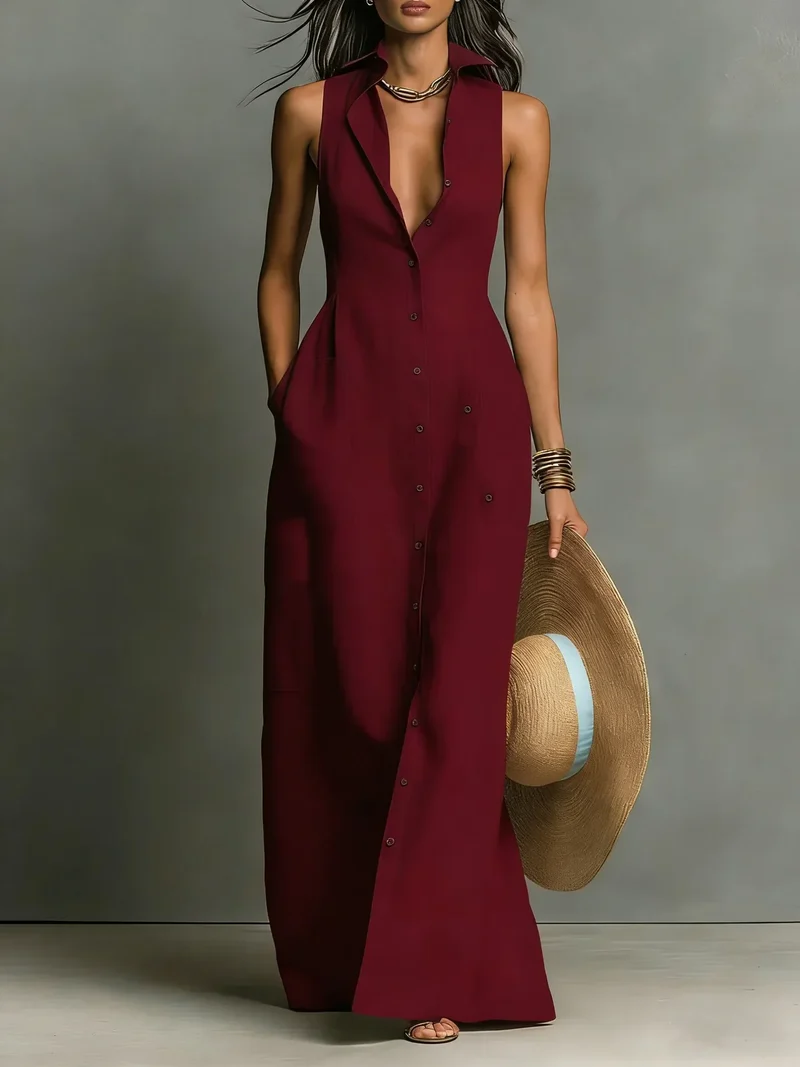 Johanna | Damen Ärmelloses Hemdblusenkleid Maxikleid
