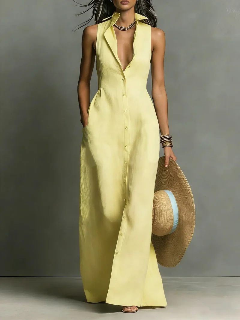 Johanna | Damen Ärmelloses Hemdblusenkleid Maxikleid