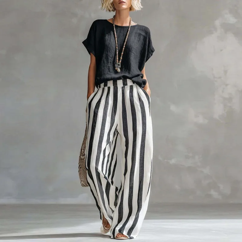 Hermione | Damen Gestreiftes Wide Leg Sommer Set