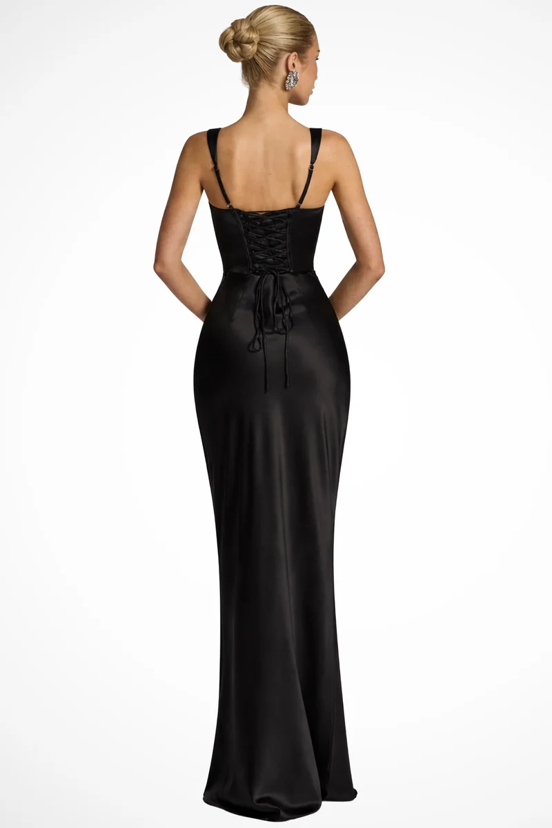 Vivienne | Women Square Neck Ruched Satin Maxi Wedding Guest Dress
