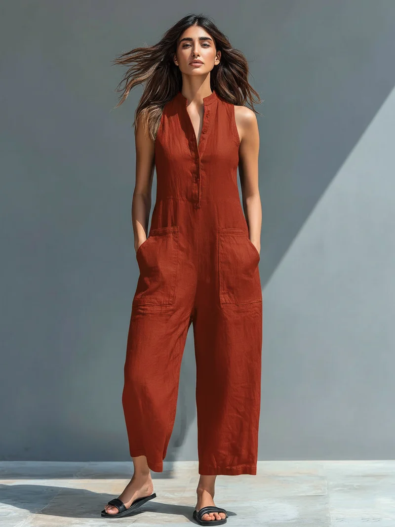 Anastasia | Damen Ärmellos Jumpsuit mit Knopfleiste