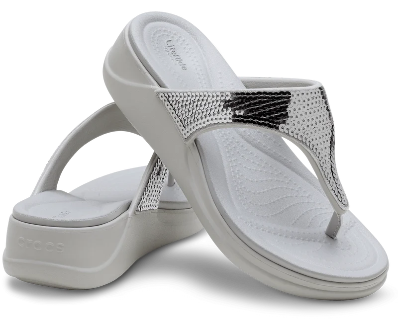Crocs Damen Boca Pailletten-Keil-Flip-Flop – Perlweiß/Silber