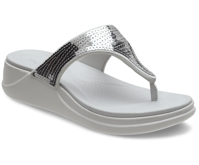 Crocs Damen Boca Pailletten-Keil-Flip-Flop – Perlweiß/Silber