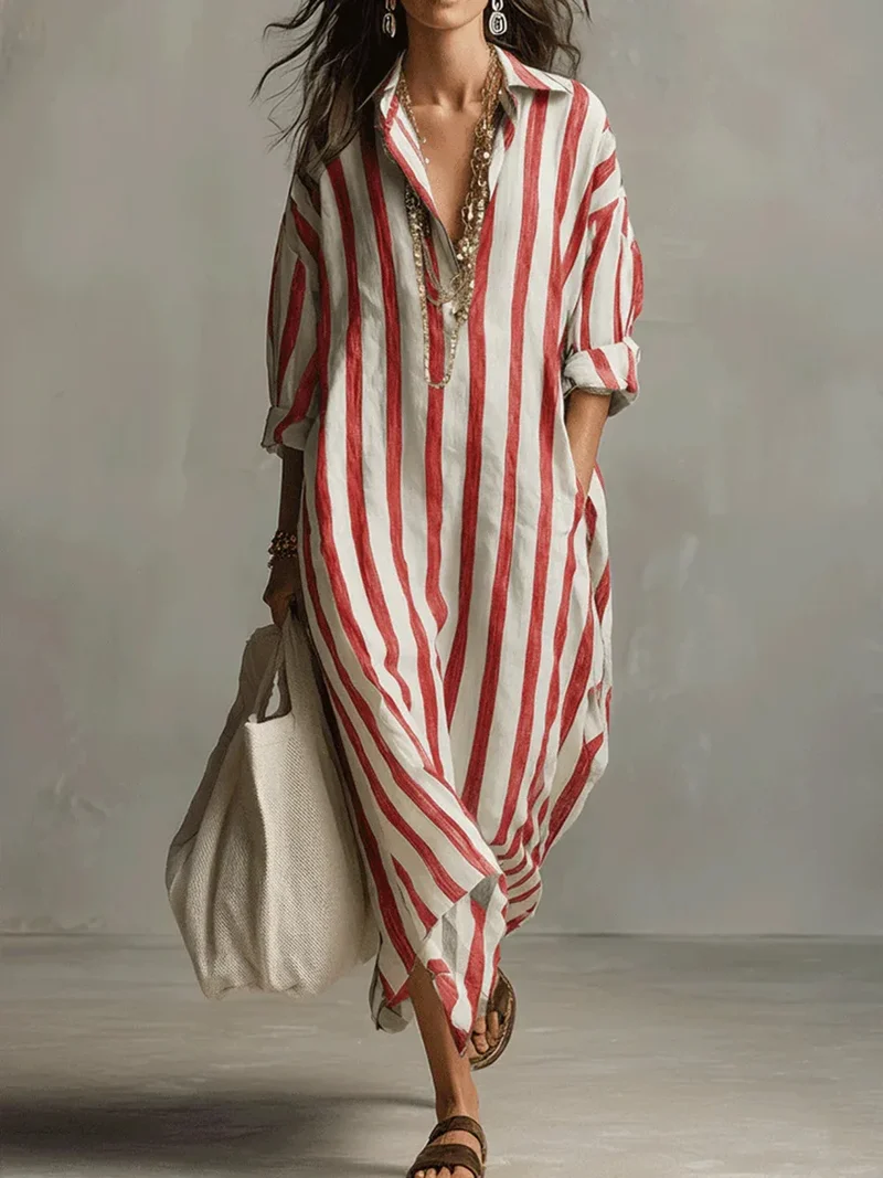 Josephine | Damen Gestreift Langes Hemdblusenkleid