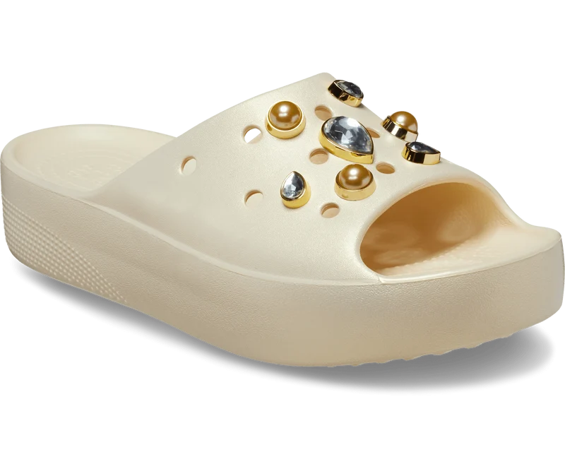 Crocs Klassische Unisex-Plateau-Slide mit Kristallen und Perlen – Vanille