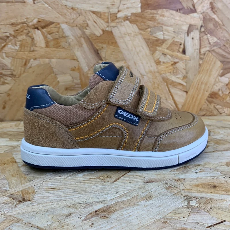 Geox Trottola-Ledertrainer für Kleinkinder – Karamell / Marineblau