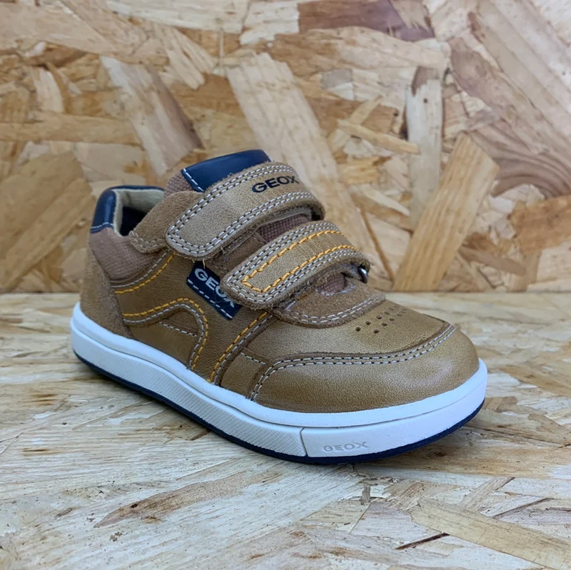 Geox Trottola-Ledertrainer für Kleinkinder – Karamell / Marineblau