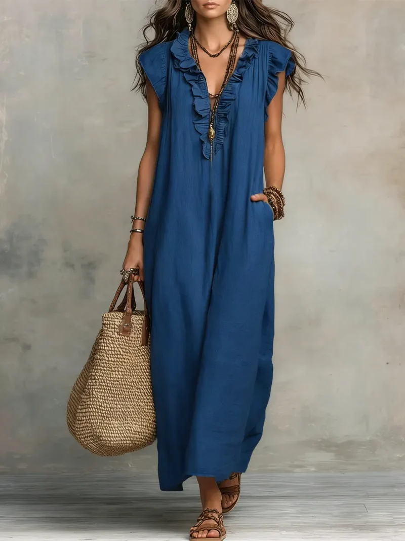 Frieda | Damen Rüschen Maxikleid Ärmellos