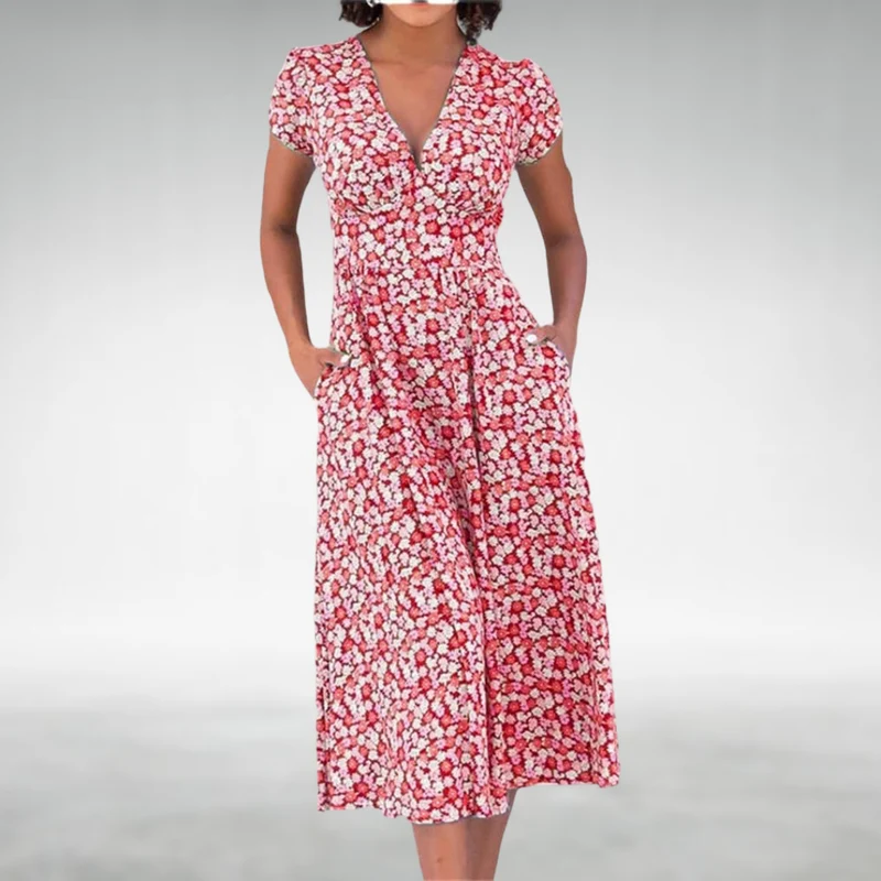 Margot | Damen V-Ausschnitt Blumenmuster Midikleid