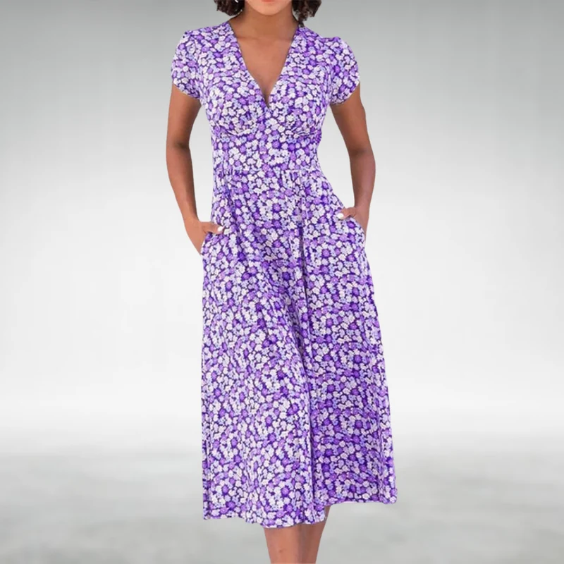 Margot | Damen V-Ausschnitt Blumenmuster Midikleid