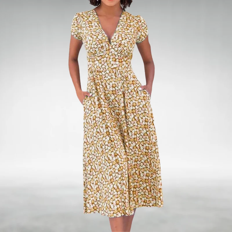Margot | Damen V-Ausschnitt Blumenmuster Midikleid