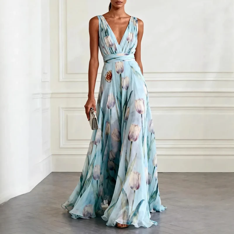 Mathilde | Damen V-Ausschnitt Maxikleid Blumenmuster
