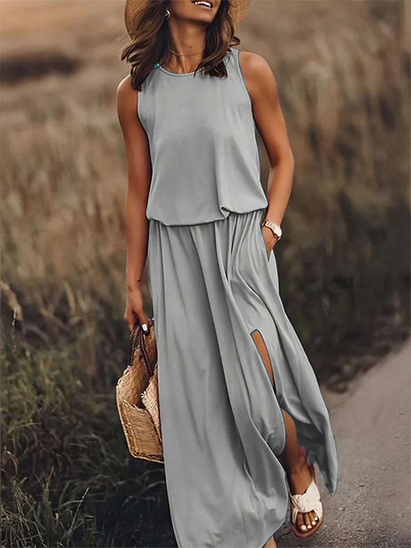 Klara | Damen Ärmelloses Rundhals Maxikleid