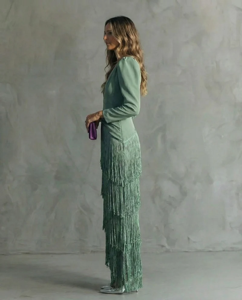 Esmeralda | Damen V-Ausschnitt Fransen Midikleid