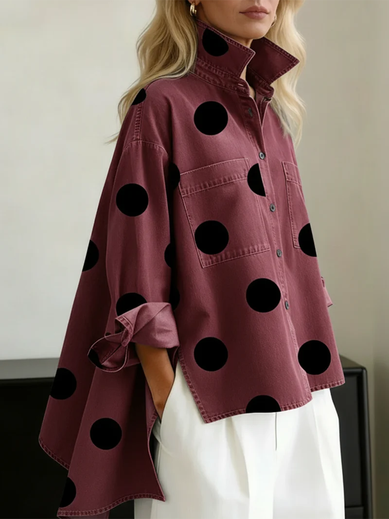 Nicolette | Damen Polka Dot Stehkragen Langarm Bluse