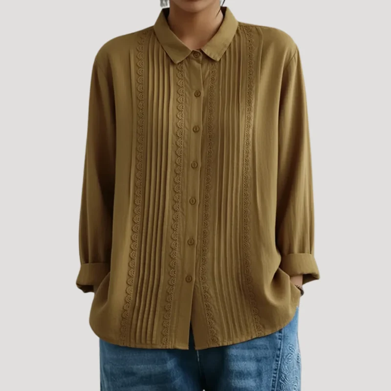 Romy | Damen Plissee Langarm Bluse mit Spitzendetails