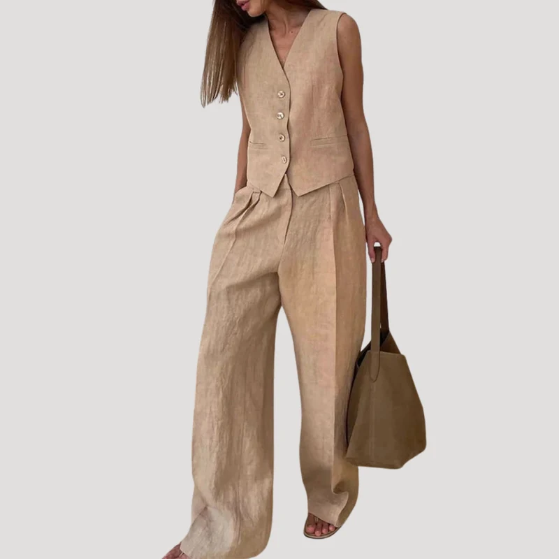 Evadne | Damen Ärmellose Weste Weit Hose Set