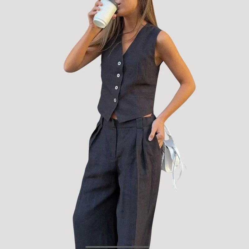 Evadne | Damen Ärmellose Weste Weit Hose Set