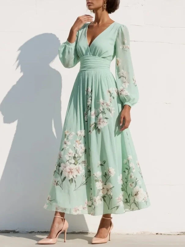 Leonora | Damen Blumen Midi Kleid mit V-Ausschnitt
