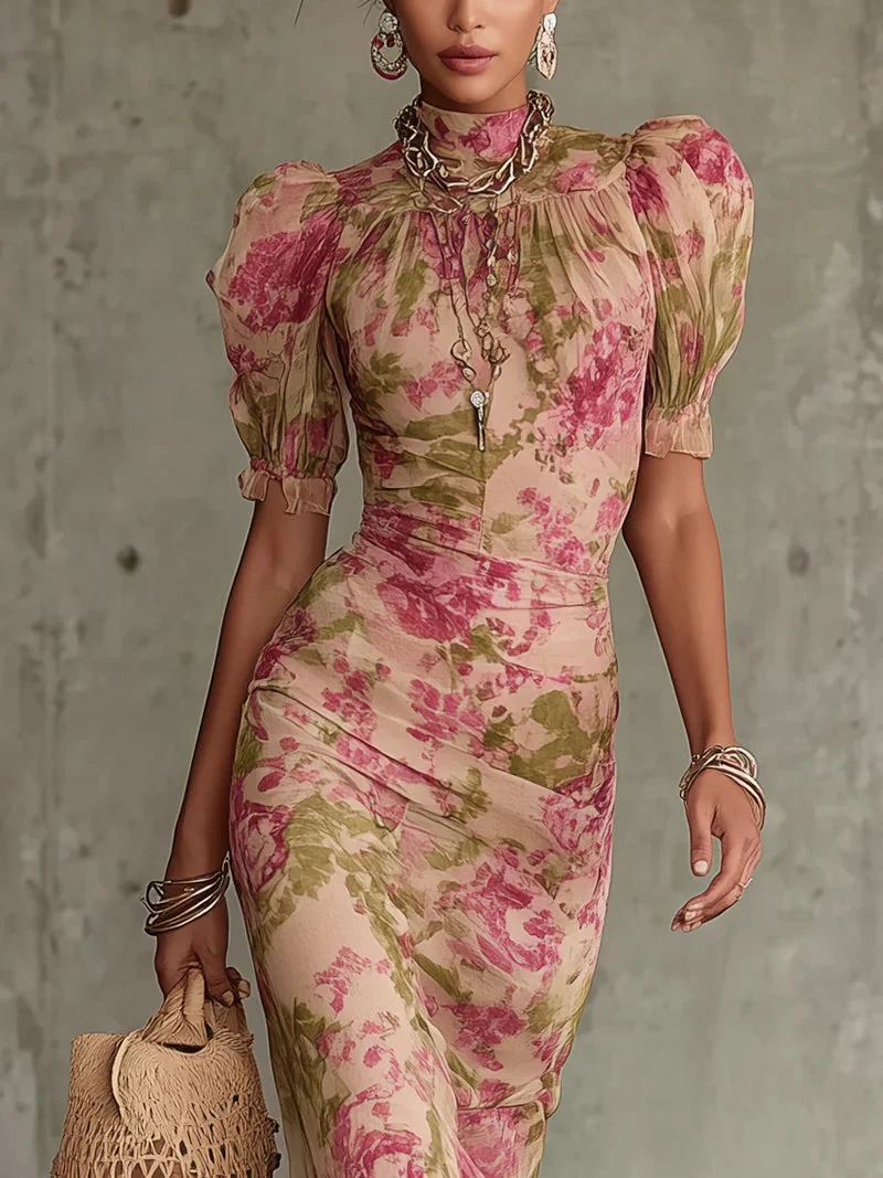 Penelope | Damen Blumen Puffärmel Maxikleid