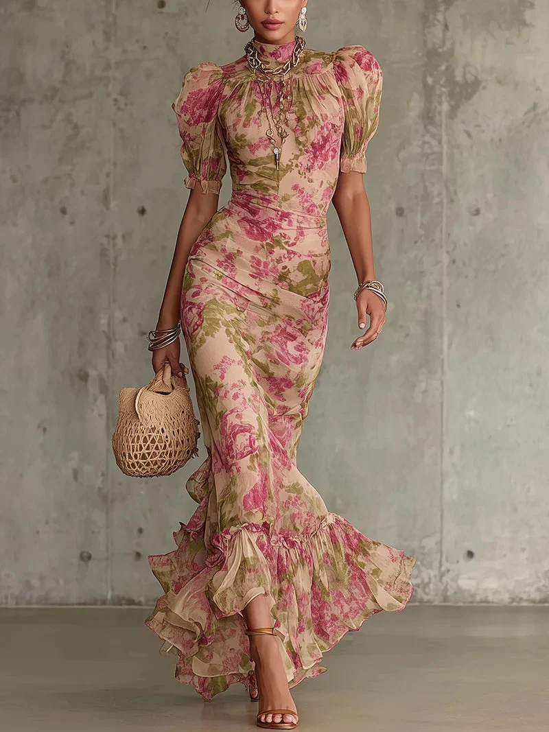 Penelope | Damen Blumen Puffärmel Maxikleid
