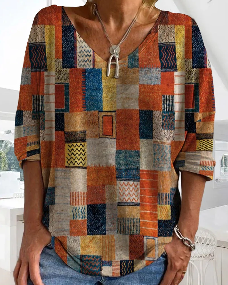 Rosilda | Damen Patchwork V-Ausschnitt Bluse