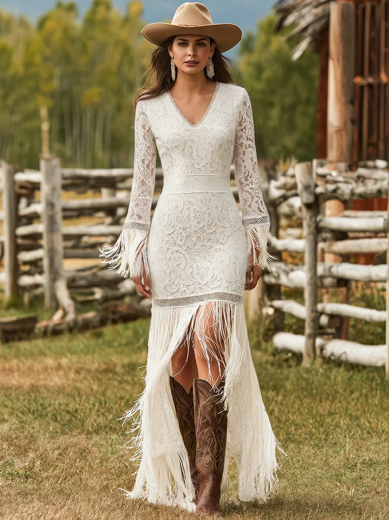 Adelina | Damen V-Ausschnitt Langarm Maxikleid mit Fransen
