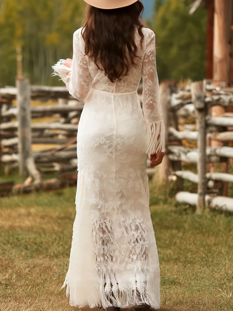 Adelina | Damen V-Ausschnitt Langarm Maxikleid mit Fransen