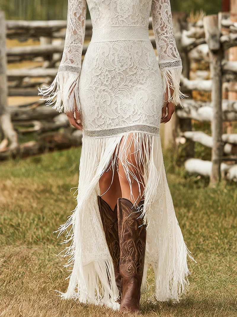 Adelina | Damen V-Ausschnitt Langarm Maxikleid mit Fransen