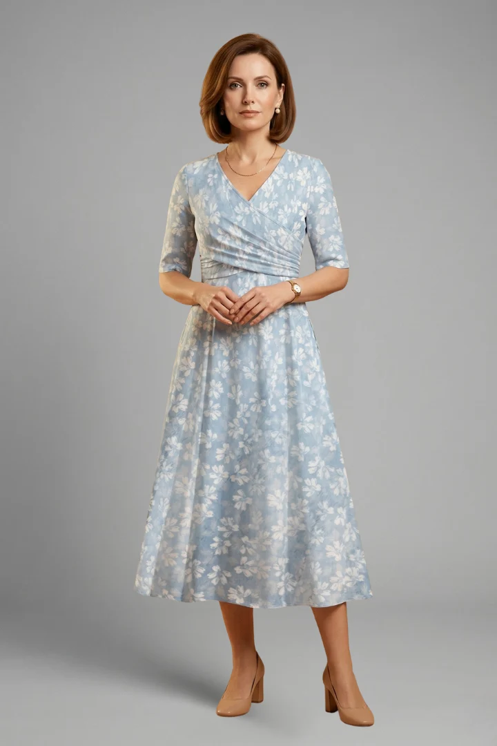 Anja | Damen Wickelkleid mit V-Ausschnitt Blumenmuster Midi