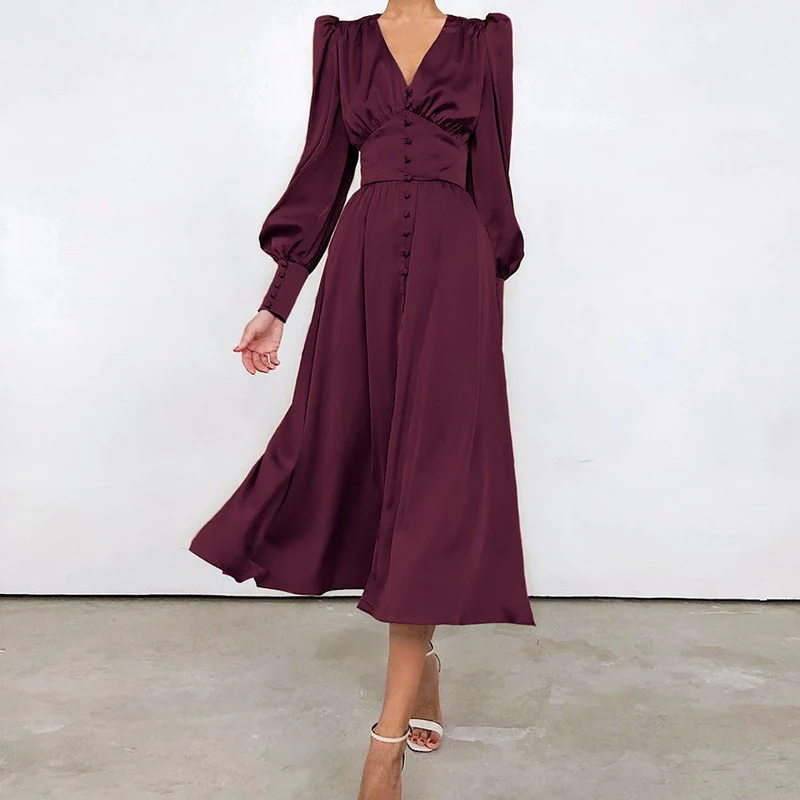 Marlina | Damen V-Ausschnitt Langarm Midikleid