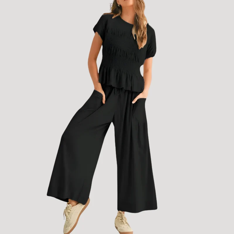 Lillian | Damen Kurzarm Zweiteiler Set Weite Hose
