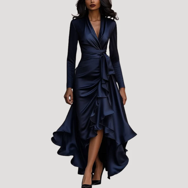Anneliese | Damen Wickelkleid Langarm Volant Maxikleid