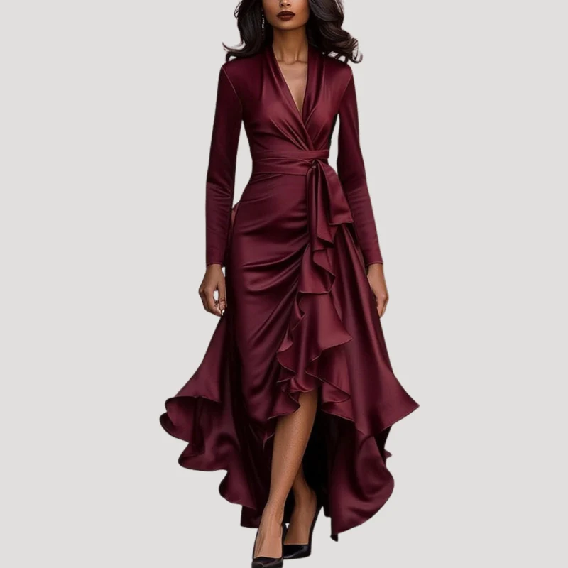 Anneliese | Damen Wickelkleid Langarm Volant Maxikleid