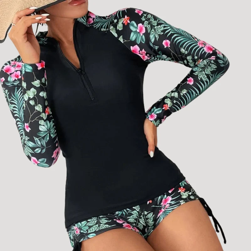 Lysandra | Damen Langarm Blumen Badeanzug Set