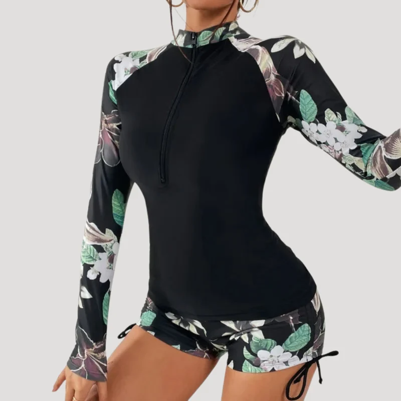 Lysandra | Damen Langarm Blumen Badeanzug Set