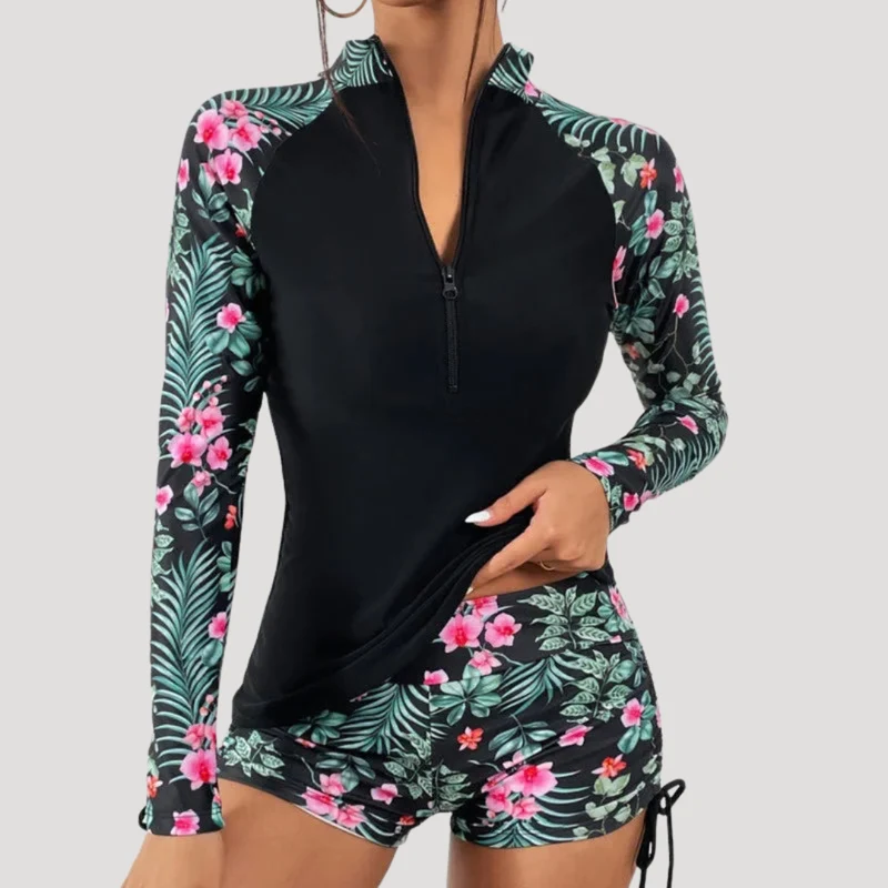 Lysandra | Damen Langarm Blumen Badeanzug Set