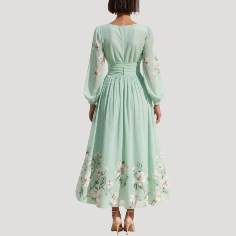 Amelie | Damen Blumenkleid Langarm Midi Kleid