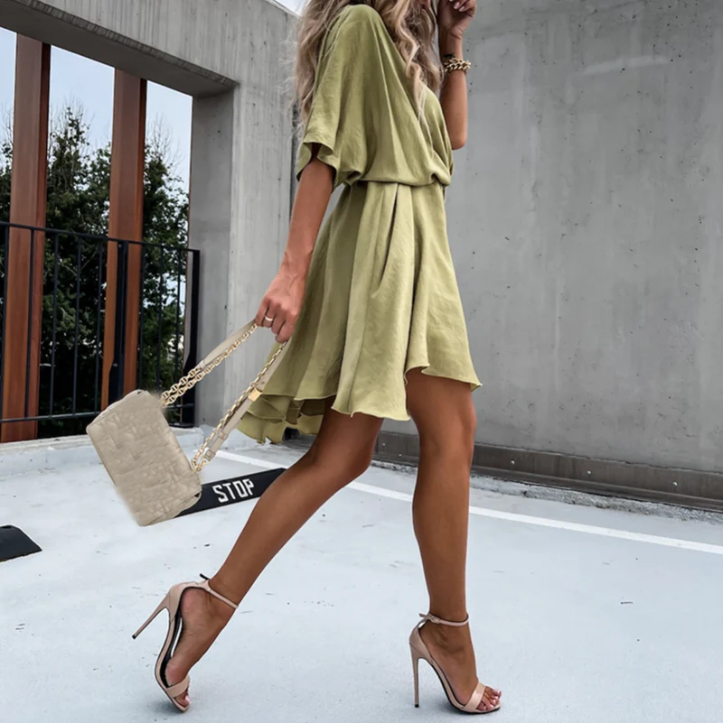 Ameline | Damen Wickelkleid Midi mit kurzen Ärmeln