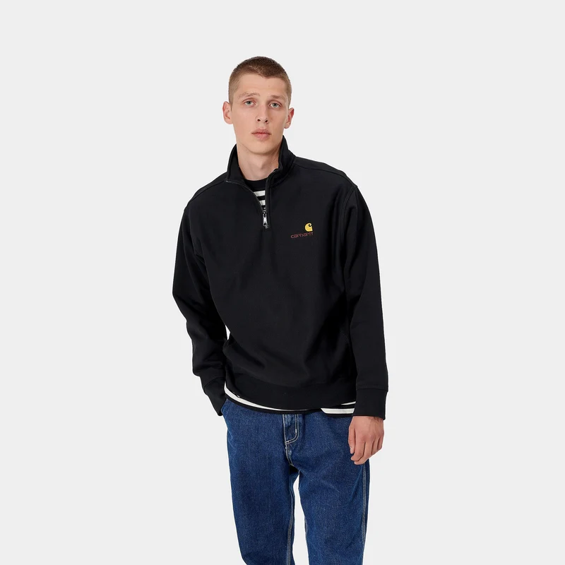 Carhartt WIP Herren Halb-Zip-Reißverschluss American Script Sweat-Top – Schwarz