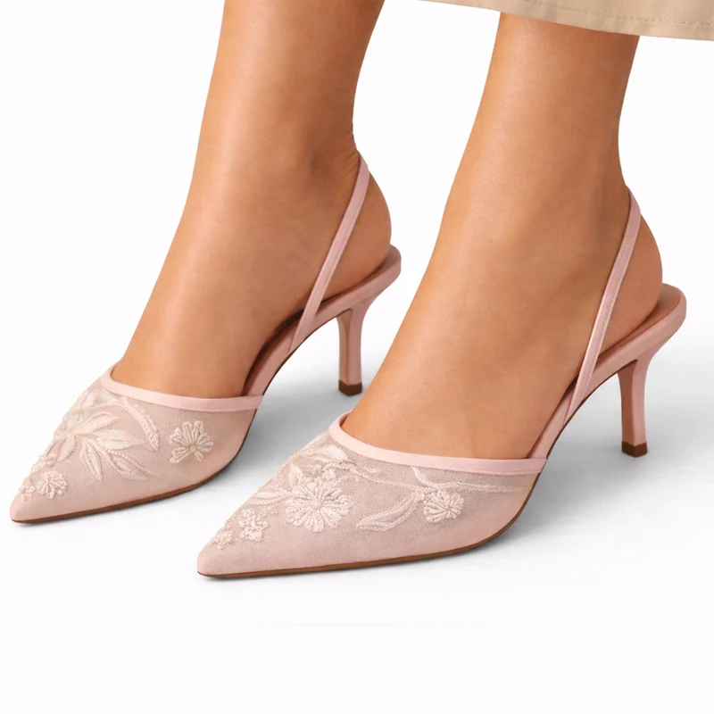Leandra | Damen Bestickte Slingback Pumps mit spitzer Zehenpartie