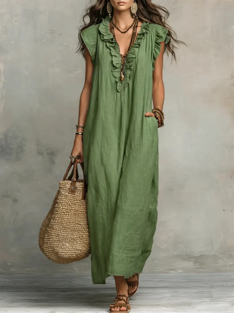 Xanthe | Damen V-Ausschnitt Rüschen Maxikleid