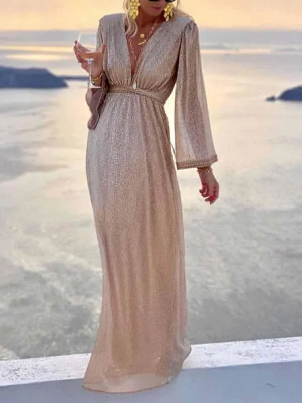 Brigitte | Damen Langarm V-Ausschnitt Maxikleid
