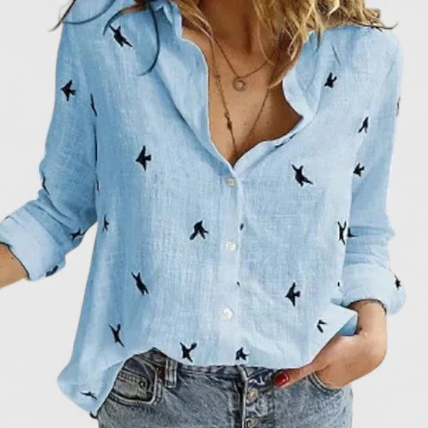 Evelina | Damen Blumendruck V-Ausschnitt Langarm Bluse
